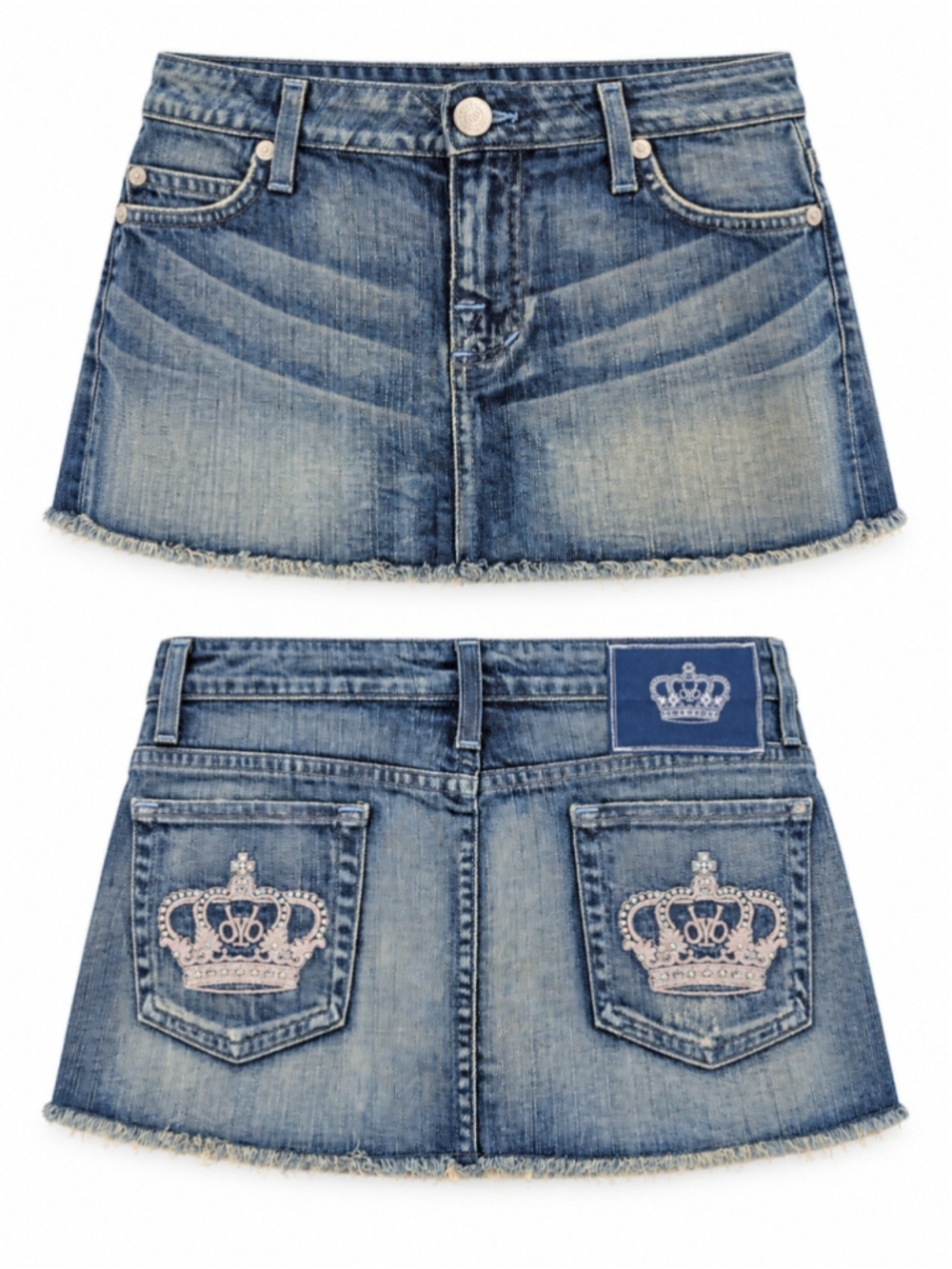 Y2K Victoria Beckham Rock & Republic Denim Micro Mini Skirt 29 Rhinestone Crown